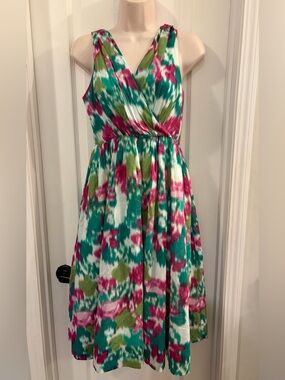 ALLEN B. Floral Tie-Dye Fit & Flare Dress in Teal, Pink & Green